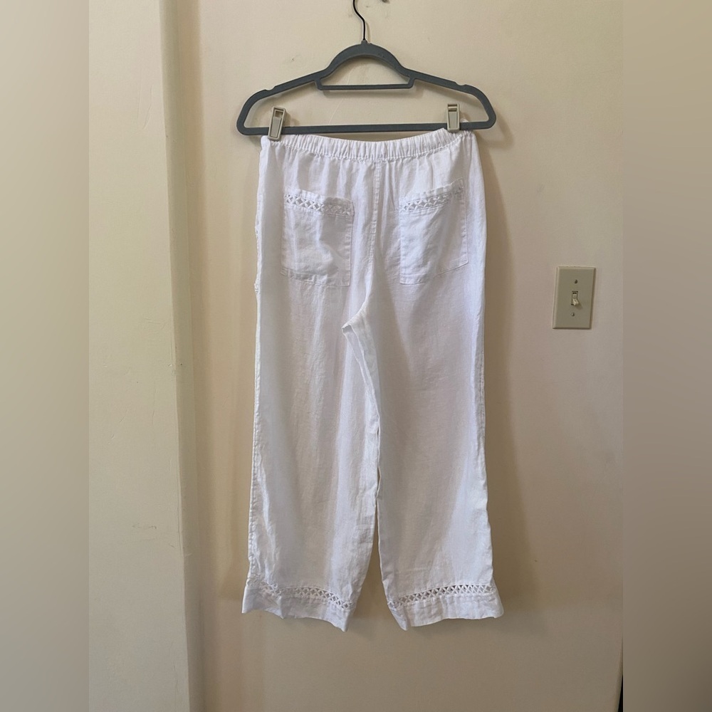 100% Linen White Wide Leg Lattice Eyelet Pants Drawstring Waist M - Picture 8 of 8